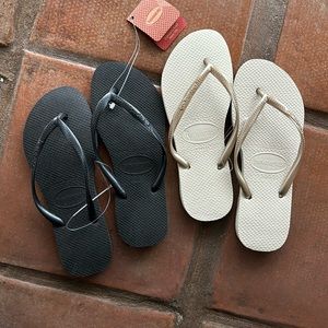 2 Pairs Havaianas Slim Strap Black & Gold Flip Flops